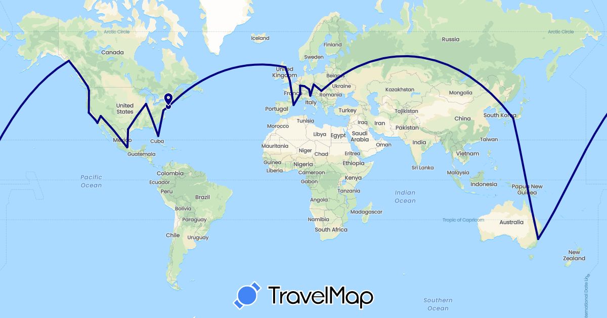 TravelMap itinerary: driving in Australia, Canada, Switzerland, Czech Republic, Germany, Spain, United Kingdom, Hungary, Italy, Japan, Luxembourg, Mexico, United States (Asia, Europe, North America, Oceania)